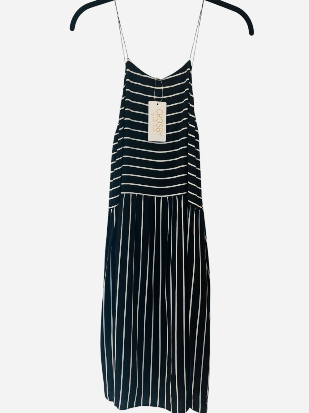 NWT Crosby by Mollie Burch Elle Dress Striped Halter Slip Midi Cami Black White
